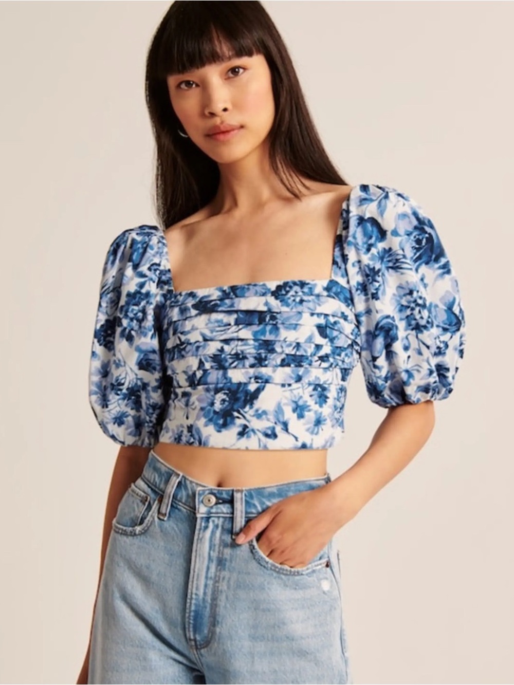 Abercrombie Blue Floral Puff-Sleeve Crop Top - Women's
